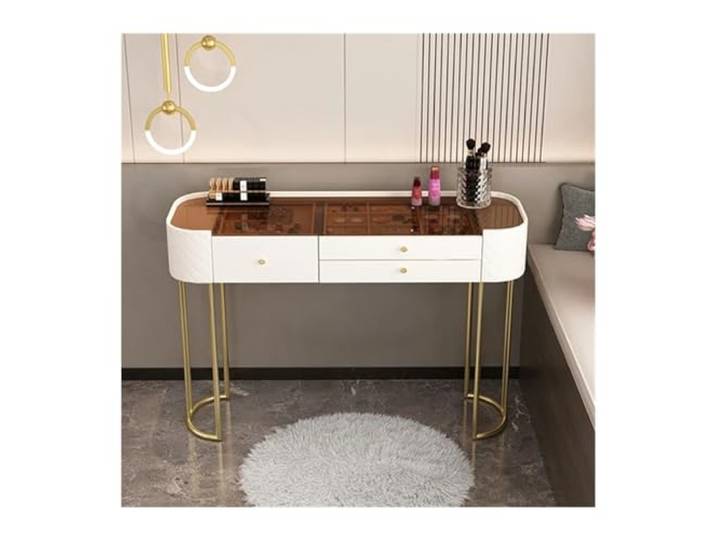 zhangrui1888 Schminktisch Moderner, Schlichter Schminktisch mit 2 Schubladen und Glasplatte Schlafzimmer-Make-up-Waschtisch ﻿(Groß)