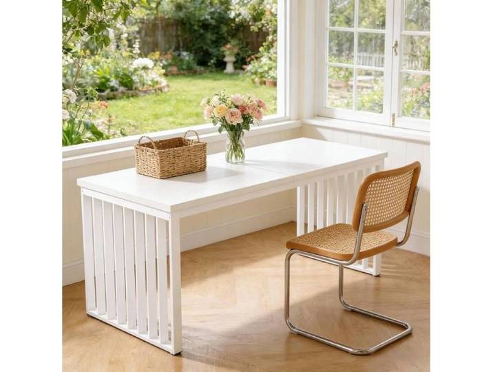 Bureau double blanc 180 x 60 x 76 cm en MDF et métal style industriel plateau rectangulaire pour 2 personnes
