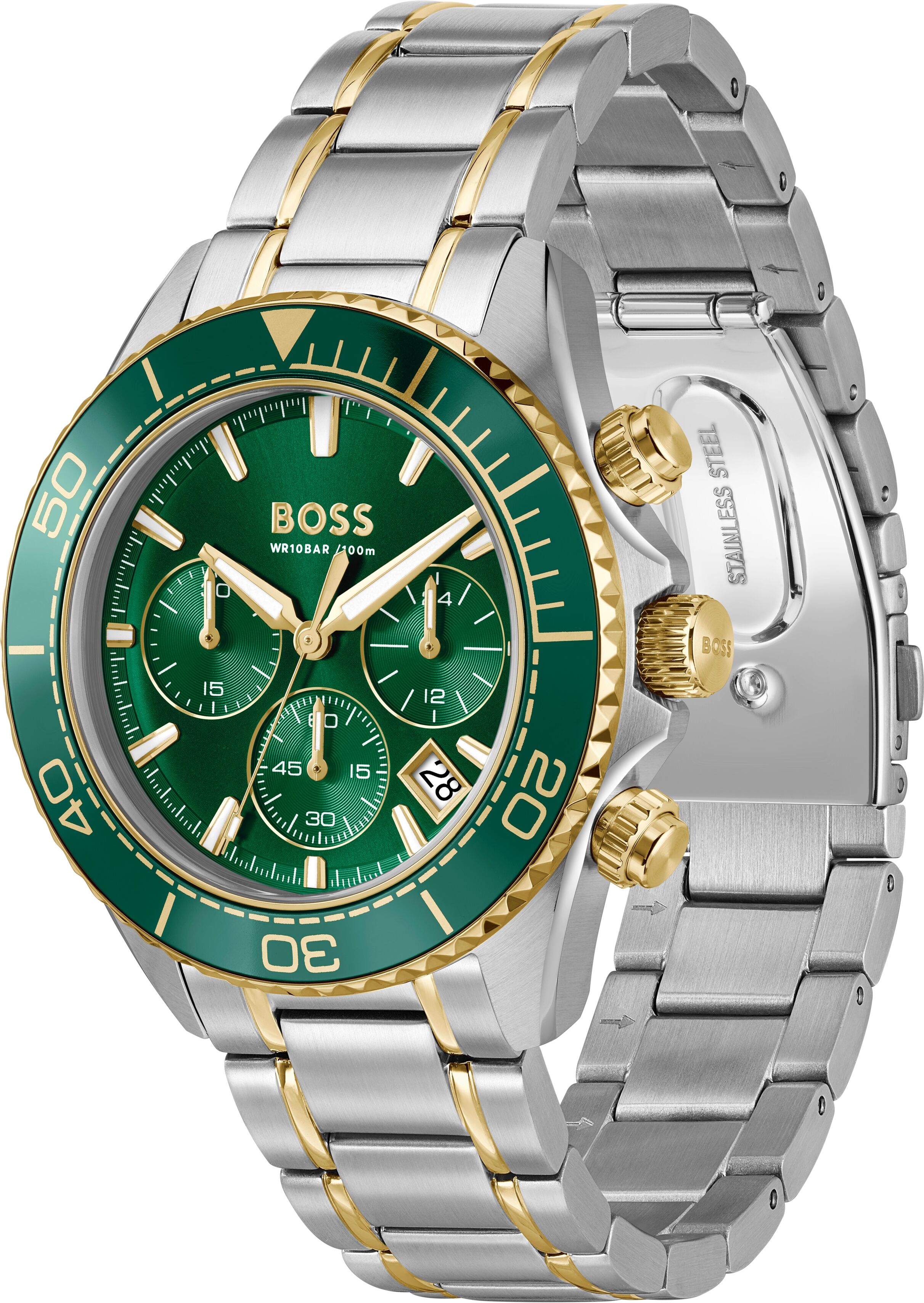 Chronograph BOSS "SEALINER", grün (silberfarben, goldfarben, grün), Armbanduhren, Herren, silberfarben-goldfarben, Chronograph, Quarzuhr, Armbanduhr, Herrenuhr, Edelstahlarmband, analog, Tag
