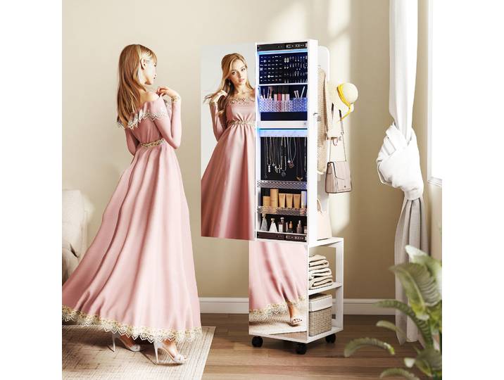 HOMCOM Armoire à Bijoux Pivotante LED avec Miroir Blanc 165,5cm