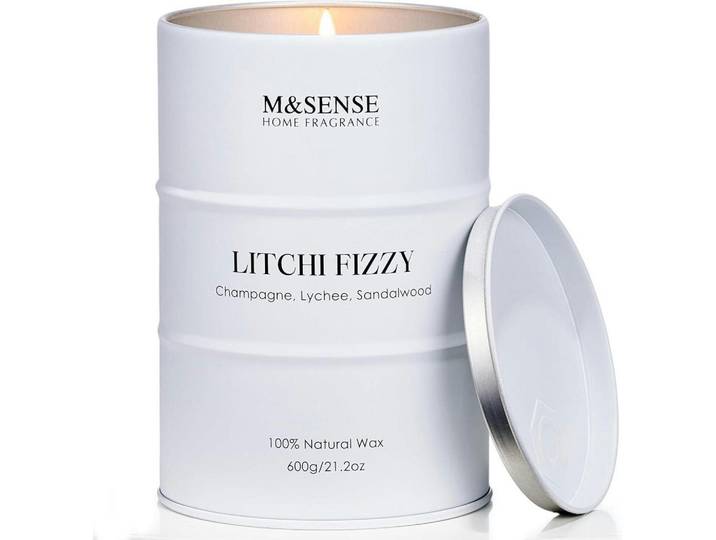 Duftkerze Litchi Fizzy 600g Sojawachs 130 Stunden Brenndauer, Weiß, Paraffin, 15 cm, Dekoration, Kerzen & Kerzenhalter, Duftkerzen