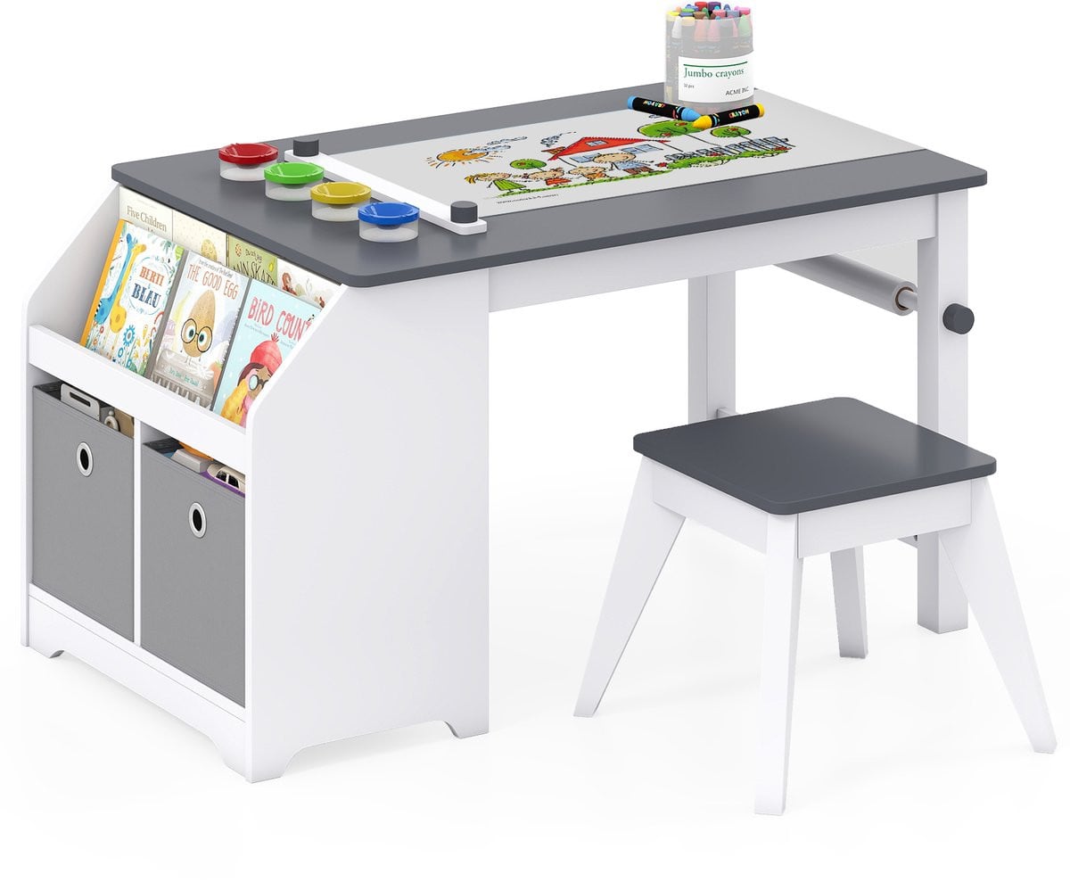 COSTWAY Kindertafel en stoelset met opbergruimte voor kinderen