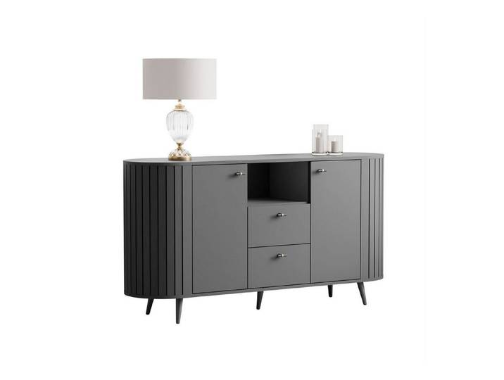 yourhouse24 Kommode LINNEA 150cm 2D2S Runde Ecken Lamellen Kaschmir/Schwarz
