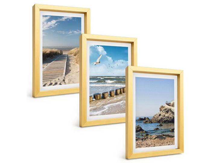 BILDER SET 3er Set - 20x30 cm Goldrahmen - Strand Holzsteg Klippen