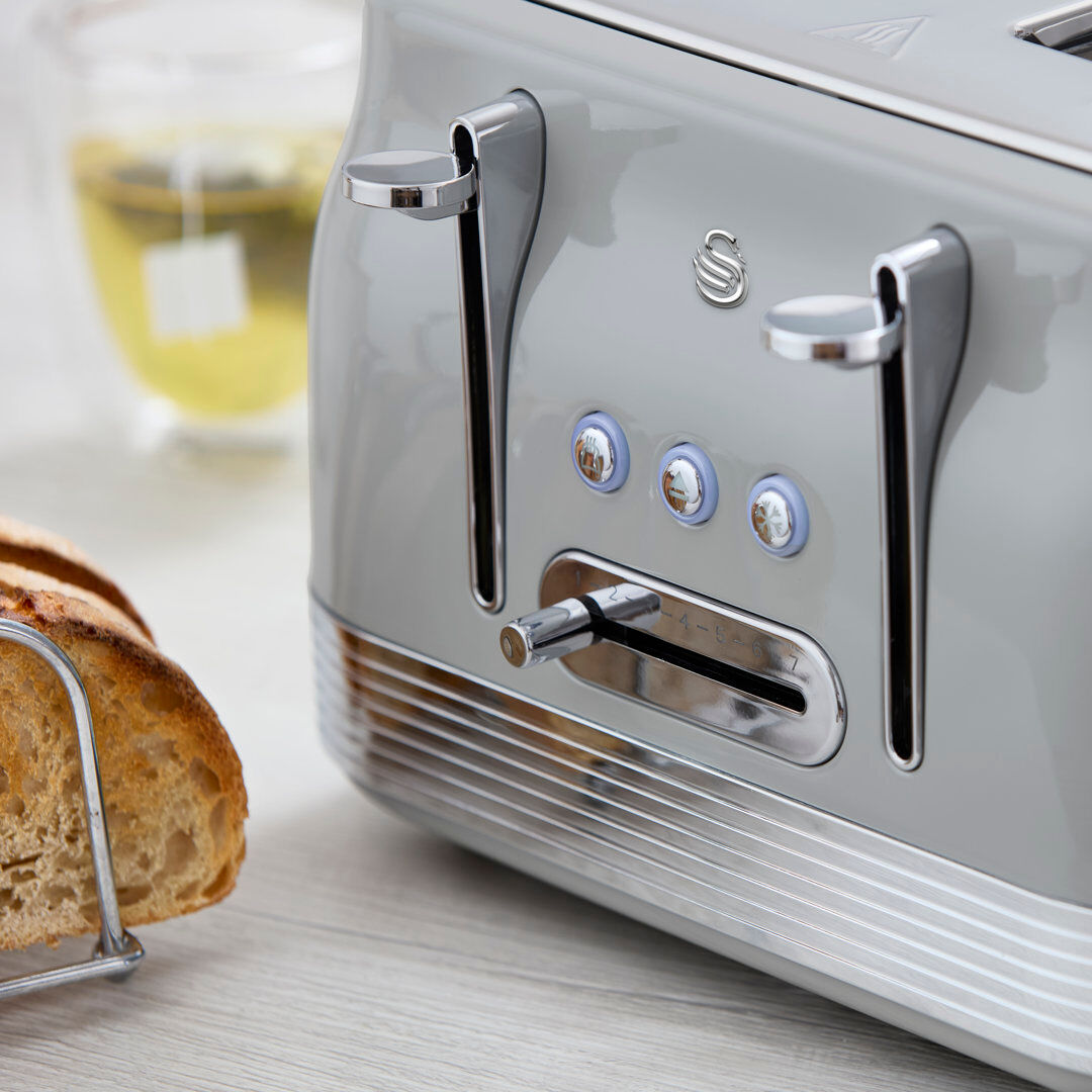 Swan Retro Kitchen Set, 1.7L Rapid Boil Traditional Kettle and 4 Slice Toaster, Non-Slip Feet Grey 1.7L