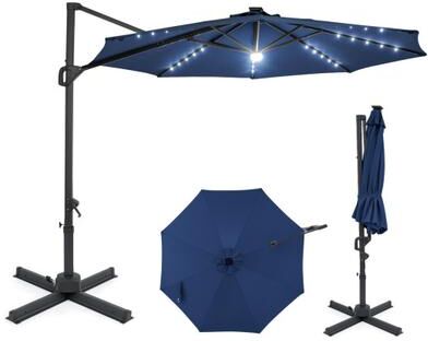 Costway 10 FT Cantilever Patio Umbrella with Solar LED Lights 360° Rotation-Navy