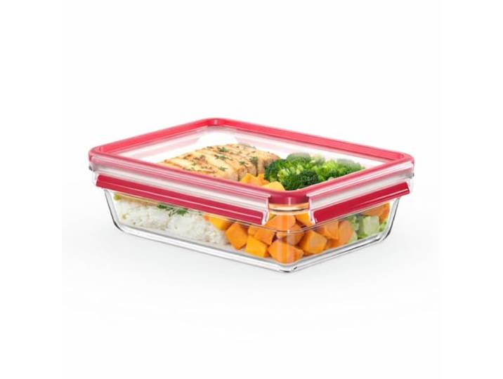 EMSA Clip & Close Glas Frischhaltedose, rechteckig, 2 L, 100 Prozent dicht, rutschfestes Stapeln, Glasbehälter spülmaschinen-, gefrier-, backofen-, mikrowellenfest, Rot, Transparent, N10411