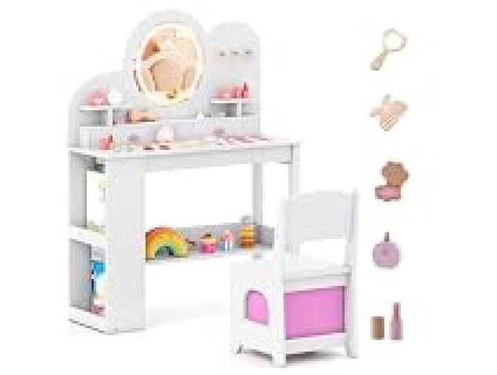 Helloshop26 Coiffeuse Enfant Lumineuse avec Miroir Tricolore 80,5 x 29,5 x 107 cm Grand Rangement Ambiance Cosy en MDF Blanc 20_0018179