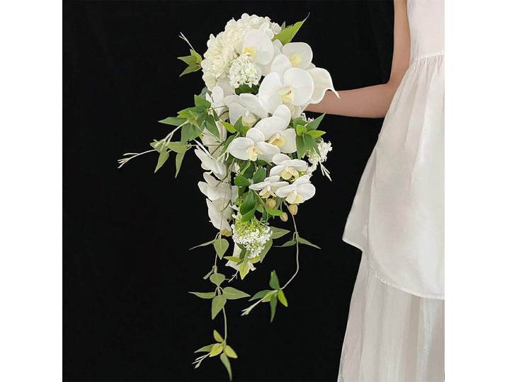 Bouquet cascade de mariage blanc et vert, accessoires de photographie de mariage en studio, bouquet de simulation d'orchidée phalaenopsis