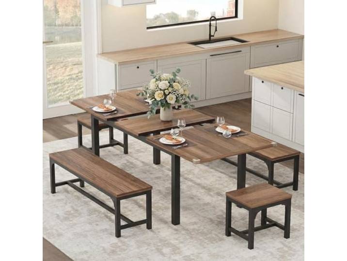 Crevyteg Ausziehbarer Esstisch-Set 120-160 cm Mit 2 Bänken Und 2 Hockern - Platzsparendes 6-Personen Küchentisch Set, Modernes Esszimmer Möbel Aus Holz & Metall, Einfache Montage (Braun)