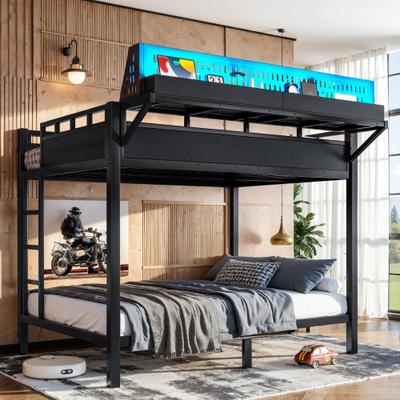 GREATPLANINC Heavy Duty Metal Bunk Bed with Storage Shelves Pegboard USB Ports LED Lights