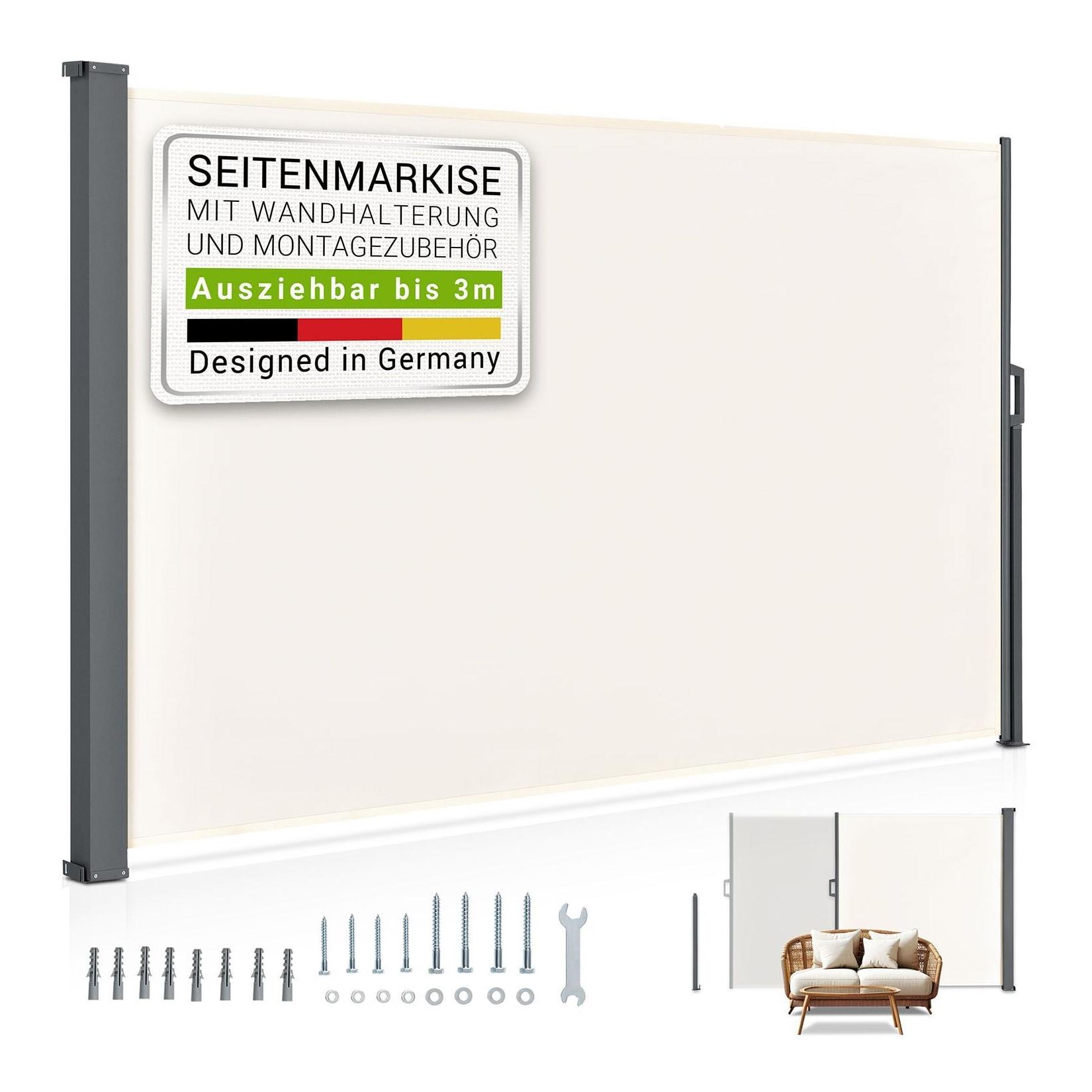 Juskys Seitenmarkise Dubai 300 x 160 cm ausziehbar blickdicht, Sichtschutz Garten, Terrasse beige