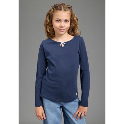 Langarmshirt H.I.S "H.I.S Shirt mit kleiner Deko-Schleife", Mädchen, Gr. 128/134, marine, Single Jersey, Obermaterial: 100% Baumwolle, Basic hüftlang, Rundhals, Shirts Langarmshirt, Langarmshirt hüftlange Basic-Passform, Langarm, modischer Stil