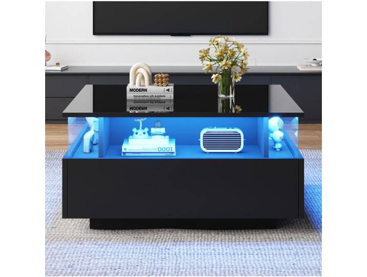 Table Basse Carree Noire 2 Tiroirs Table De Salon Moderne FloraGrace Pour Salon Et Sejour Avec LED Integree 70x70x41cm