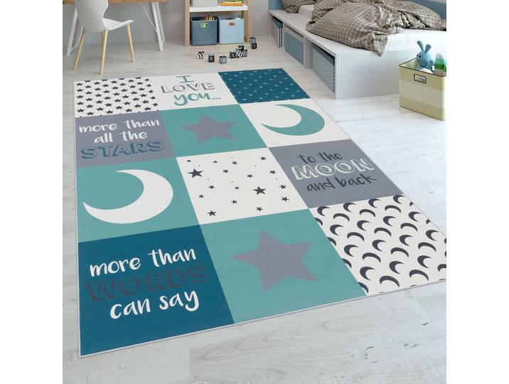 Kinderteppich PACO HOME Aleyna 101 , blau (türkis), B:120cm H:6mm L:160cm, Polyester, Teppiche, Kinderteppich, Kurzflor, Kinder Design, Motiv Mond & Sterne, Kinderzimmer