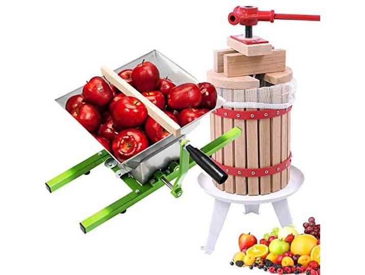 AufuN 6L Obstpresse Manuell Weinpresse Saftpresse + 7L Edelstahl Obstmühle Fruchtpresse aus Buchenholz Maischepresse inkl Handhaben und Presstuch Traubenmühle Maischemühle Zerkleinerer für Obst