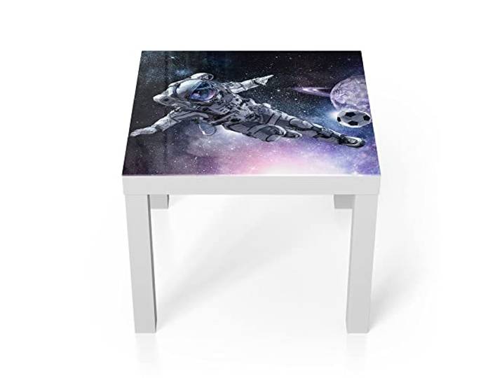 DEQORI Glastisch weiß klein 55x55 cm Motiv Kosmonaut kickt Fußball ausgefallener Beistelltisch aus Glas Hochglanz Couchtisch fürs Wohnzimmer moderner Couch Tisch mit Design
