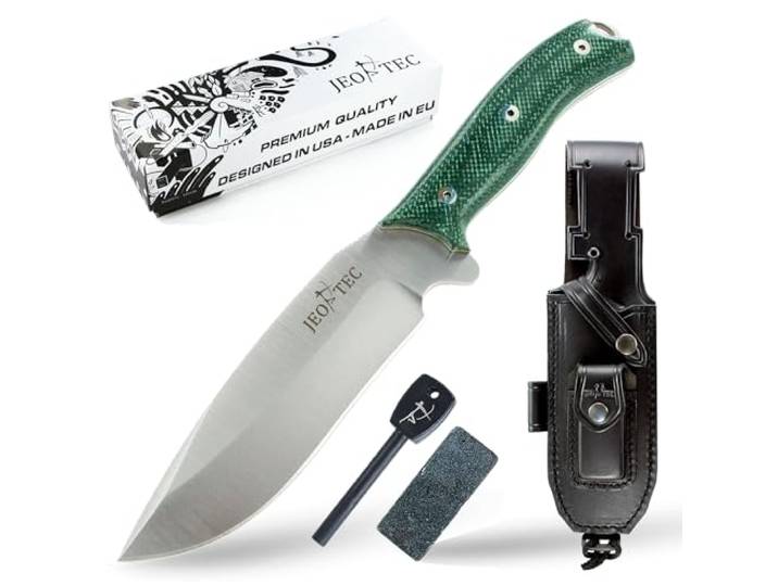 JEO-TEC Nº9 Full Tang Outdoor Camping Gürtelmesser Jagdmesser Überlebensmesser Survival Bushcraft Messer - Stahl MOVA - Lederscheide Feuerstahl Messerschärfer