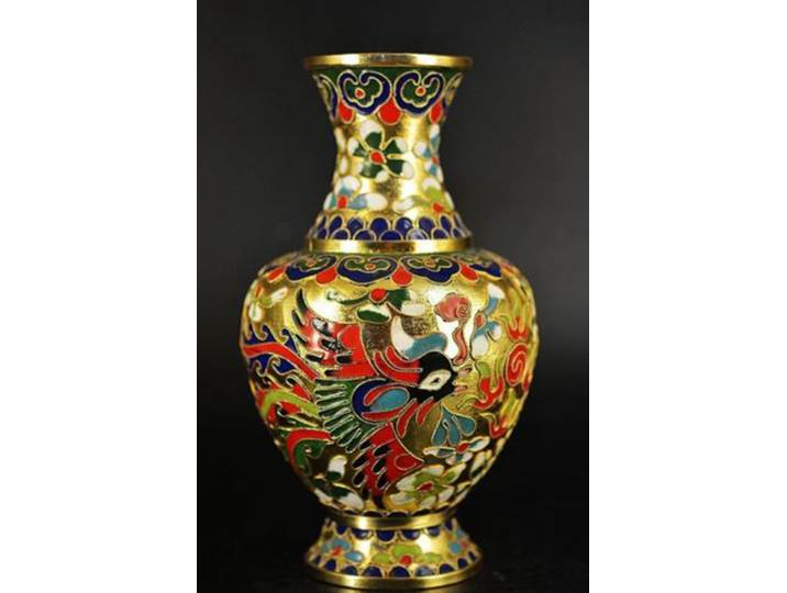 Beau vase chinois en cuivre et émail cloisonné, fleur dragon et phénix