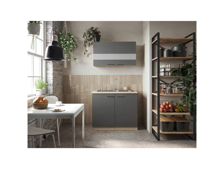 Miniküche, Grau & Eiche, 100 cm, Metall, Seitenverkehrt Montierbar, Individuell Planbar