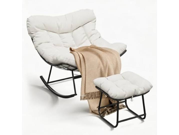 Hapterouse Oversize Papasan-Ei-Schaukelstuhl Mit Ottomane Outdoor/Indoor Lounge-Sessel, stabiler Metallrahmen, dick gepolsterter Sitz, für Balkon/Terrasse/Veranda，Weiß