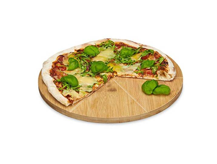 Relaxdays Assiette à pizza bambou assiette présentation plat bois -diamètre 6 délimitations pour les parts\, nature - 33 cm