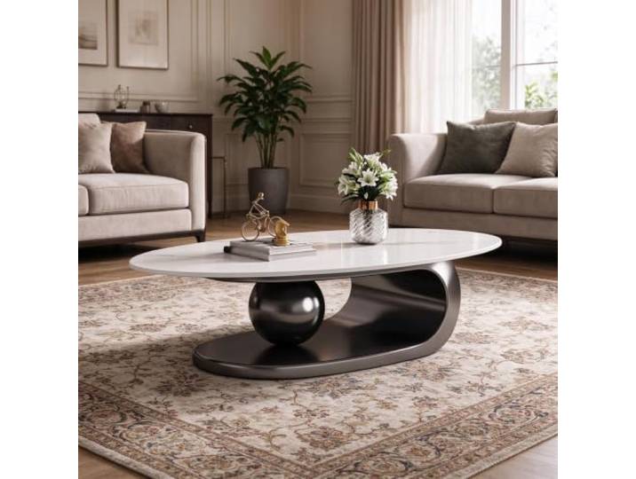 YHTCSXMD Couchtisch oval modern, Steinplatte mit Edelstahlgestell Glatte Steinplatte, Edelstahlbasis, Größen 120/130/140 cm, Couchtisch modern für stilvolle Wohnzimmer