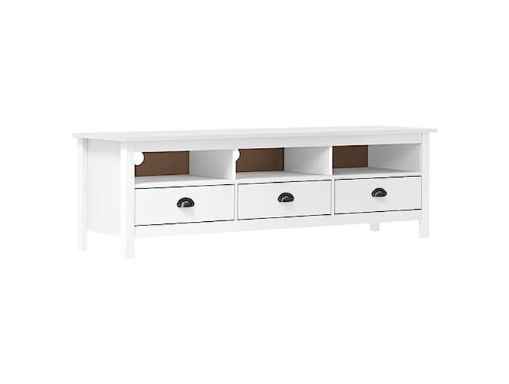 GHVBNMF TV-Schrank Massivholz Kiefer Lowboard Weiß 158x40x47 cm Rustikales Lowboard fürs Wohnzimmer mit 3 offenen Fächern und 3 Schubladen auf Stopper-Gleitschienen.