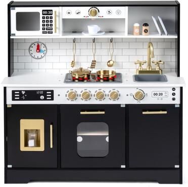 Costway Wooden Play Kitchen for Kids with Realistic Lights and Sounds-Black