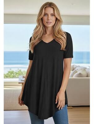 Plus Size Women's Plus Size Ultra Drape V-Neck Swing Tunic Top by Roaman's in Black (Size 12) Short Sleeve V-Neck Shirt