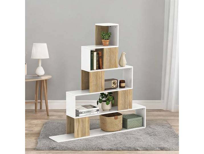 Étagère 5 niveaux design escalier panneau de particules blanc et bois naturel 120 x 22 x 131 5 cm