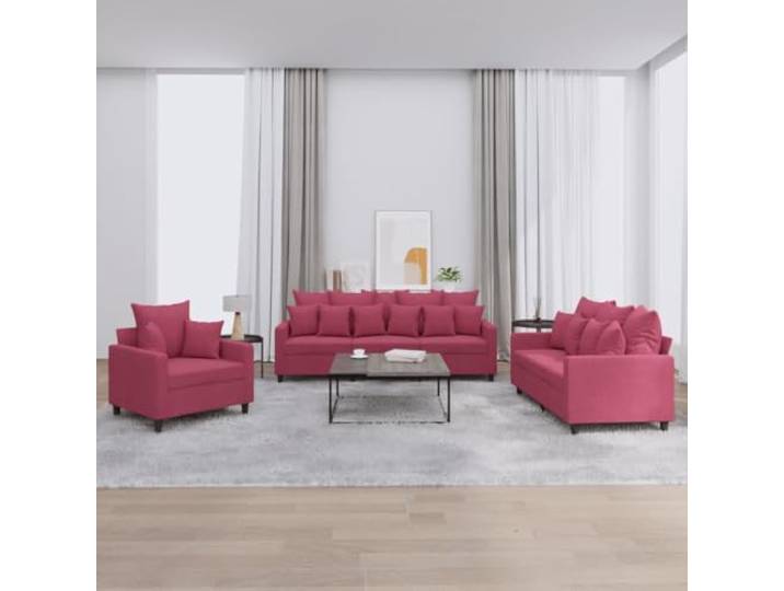 HEFZGDB Weinrote Samt Sofagarnitur 3-TLG. mit Kissen für Wohnzimmer, Weicher Velours Stoff und Robustes Gestell aus Sperrholz Metall, Bequeme Polsterung für Entspannung Fernsehen