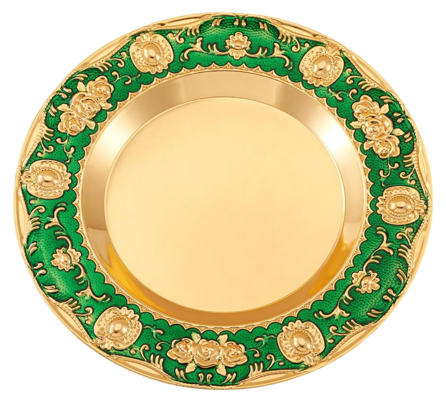 Dripio Rund serveerbord van ijzer met bloemenmotief, goudgroen, 20 cm