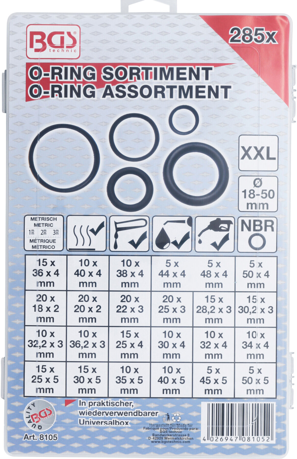 BGS O-Ring-Sortiment 8105, XXL, Ø 18 - 50 mm, 285-tlg. ; BGS technic)