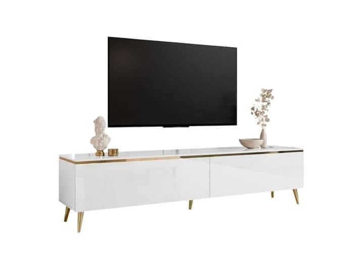 lukmebel - TV-Schrank für Wohnzimmer Möbel - TV-Board Lowboard Fernseh-Schrank Fernsehtisch TV-Kommode mit Beinen in Gold - 180x40x45 - Glanz Weiß Gold - Aurora