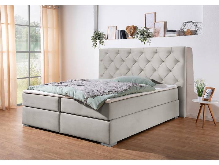 Boxspringbett Taiana 200 x 200cm Samt Venia Grau H2 Tonnentaschenfederkernmatratze Buche