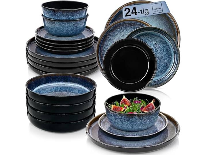 SÄNGER Osaka Steingut Geschirrset 6 Personen, Teller Set 24-tlg Blau Handmade Geschirr Set: Tafelservice mit Tellern, Müslischalen & Pastateller, spülmaschinen- & mikrowellengeeignet, kratzfest