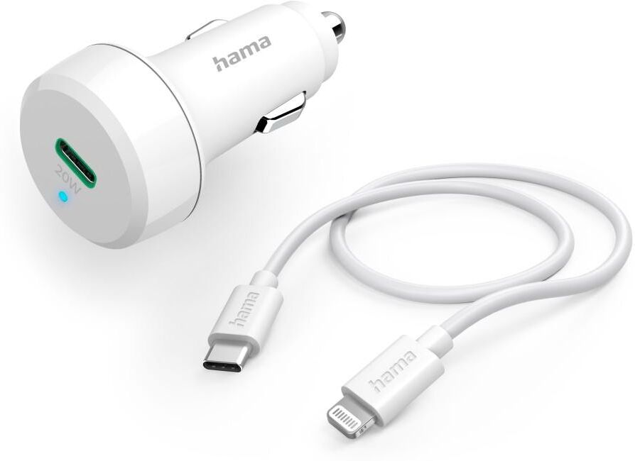Hama Smartphone-Ladegerät "Auto Schnellladegerät mit Ladekabel Lightning, PD, 20W, 1 m, Weiß", weiß, B:9cm H:3,5cm T:19,5cm, Ladegeräte, Smartphone-Ladegerät