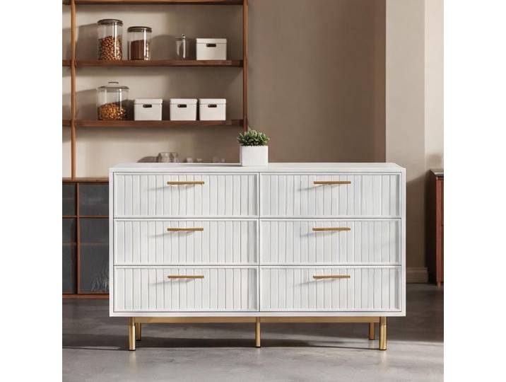 Commode blanche 6 tiroirs en panneaux de particules style design contemporain 120x40x75 cm