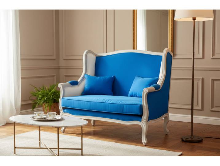 Banquette de style Louis XV en Tissu - Bleu & Blanc