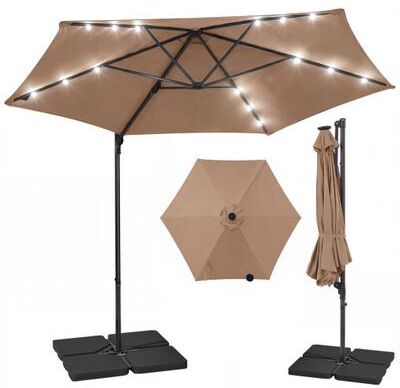 Costway 10 Feet Patio Cantilever Umbrella with Solar LED Lights-Tan