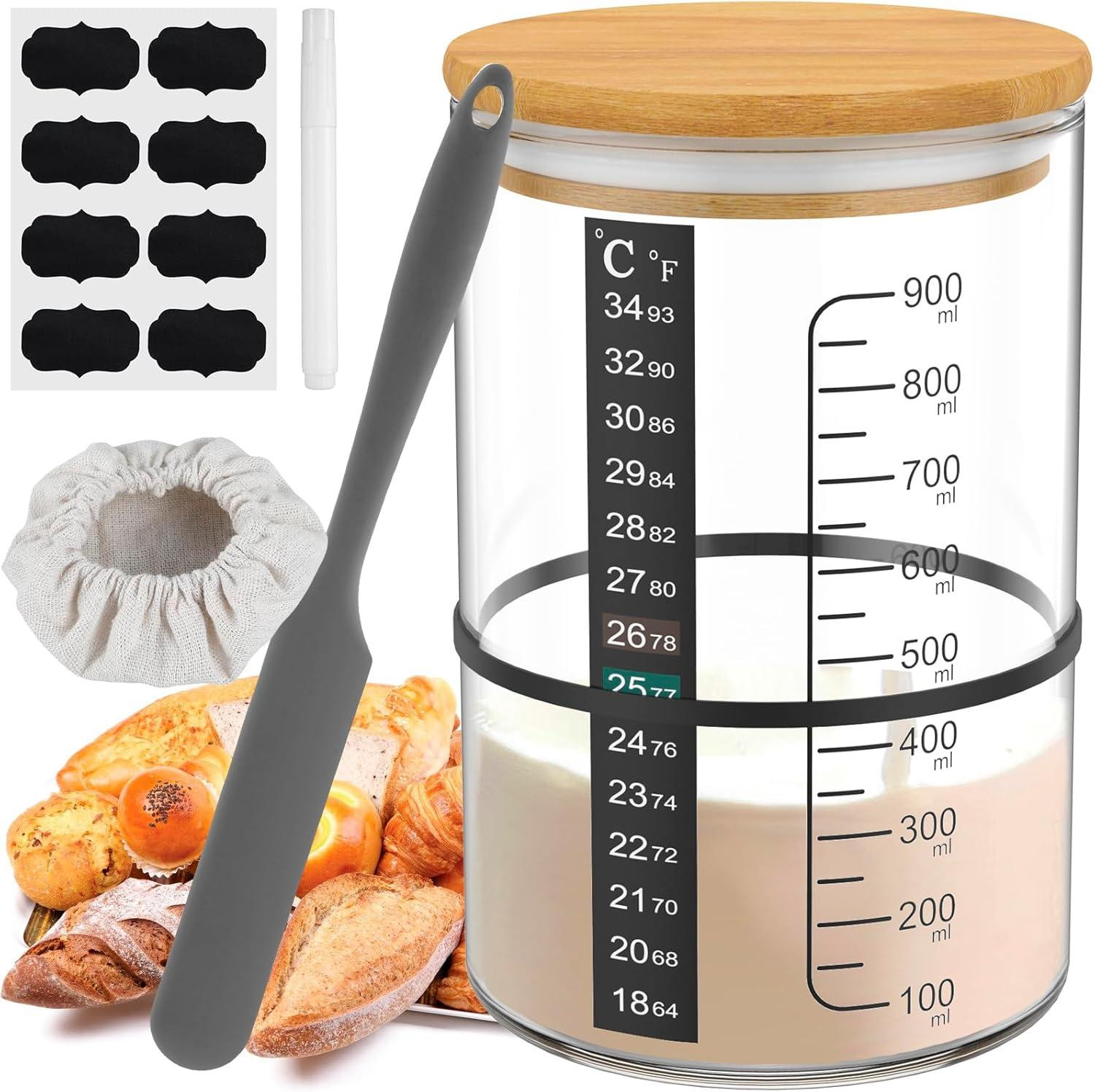 Zuurdesemstarter set met 900 ml glazen pot, houten deksel en siliconen spatel