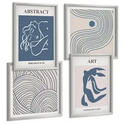 BILDER SET 4er Set - 50x50 cm & 40x60 cm Silberner Rahmen - Poster mit abstrakten Linien und Wellen