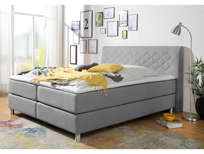 Boxspringbett, 100% Polyester, Grau, 180×200 cm, Inkl. Topper, Modern, Inosign