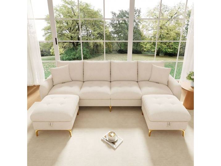 Canapé modulaire - SOGEU - Forme en U modulaire - 4 places - Chenille beige - Poufs avec rangement