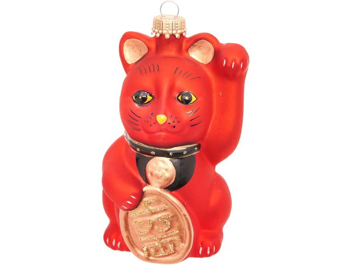 Christbaumschmuck KREBS GLAS LAUSCHA Maneki-Neko , rot, B:5cm H:11cm T:7cm Ø:11cm, Glas, Weihnachtsbaumschmuck, Christbaumschmuck, Glas, 1 Stück