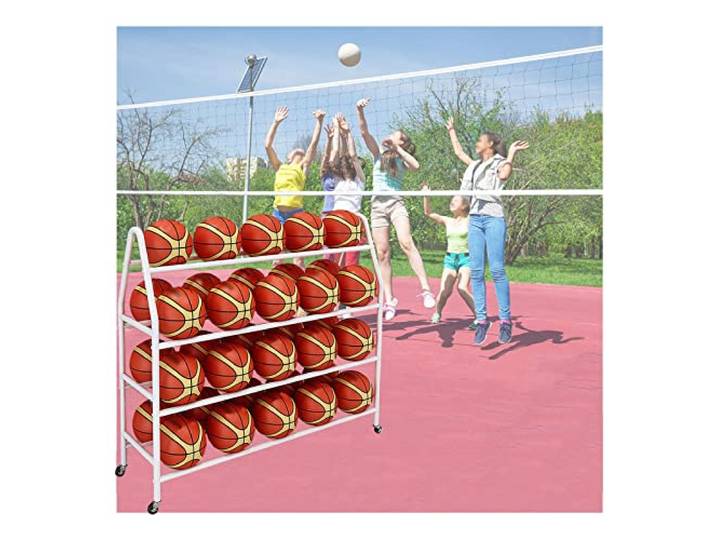 Basketbal Aufbewahrungsregal Ball Halter 4-stöckiges Metallregal Mit Rollen Ballwagen 97 / 123 / 140cm Platzsparend Für Fußball Basketball Sportausrüstung(White,140CM)