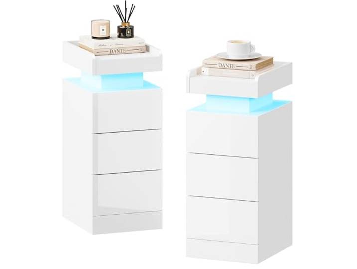 Dripex Nachttisch 2er Set schmal, 3 Schubladen LED Beistelltisch mit RGB Licht Weiß