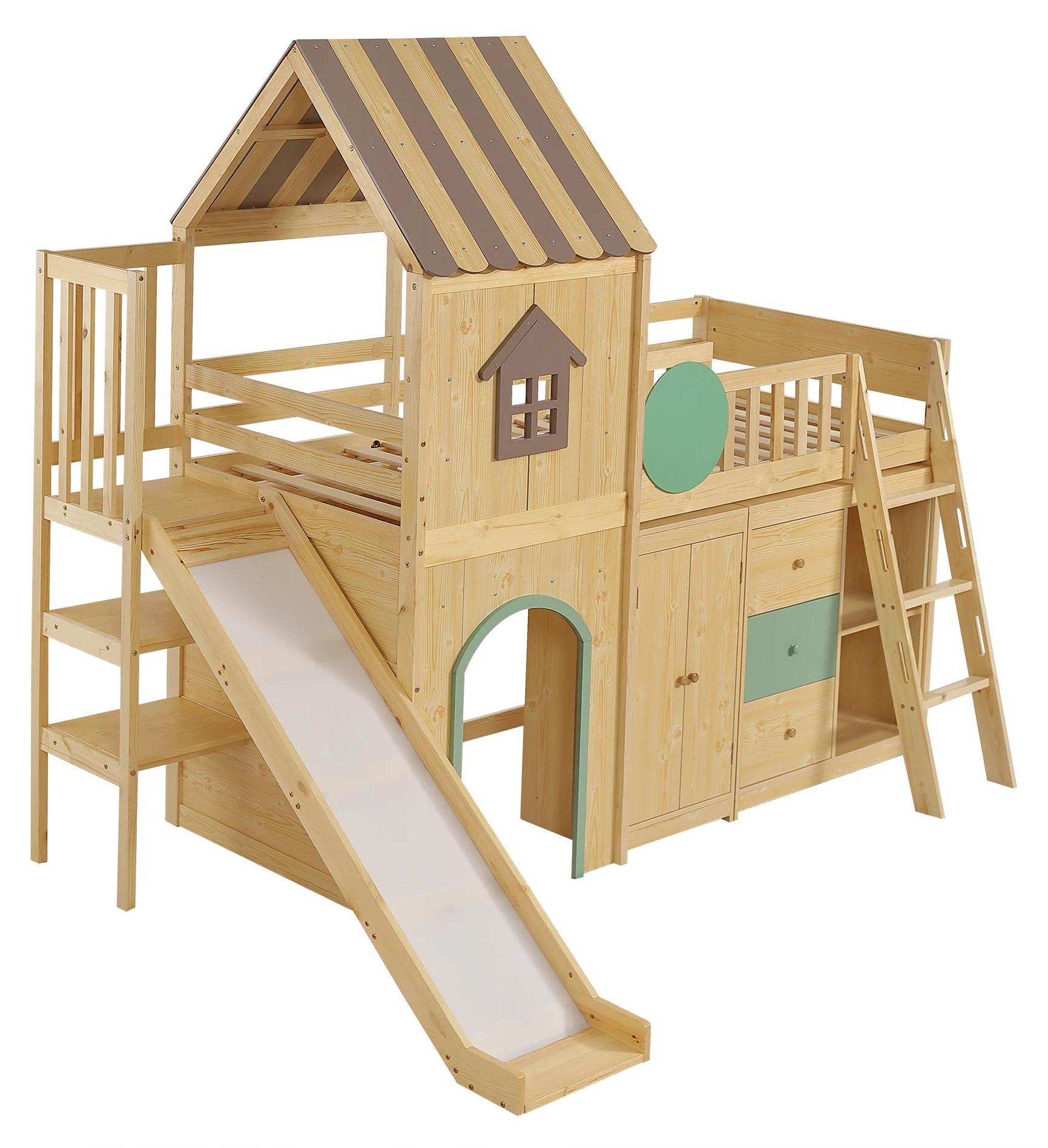 Kinder Hausbett - Hochbett mit Rutsche - 3-stufige Leiter - Regale Schublade Kleiderschrank - Massivholz Kiefer & MDF