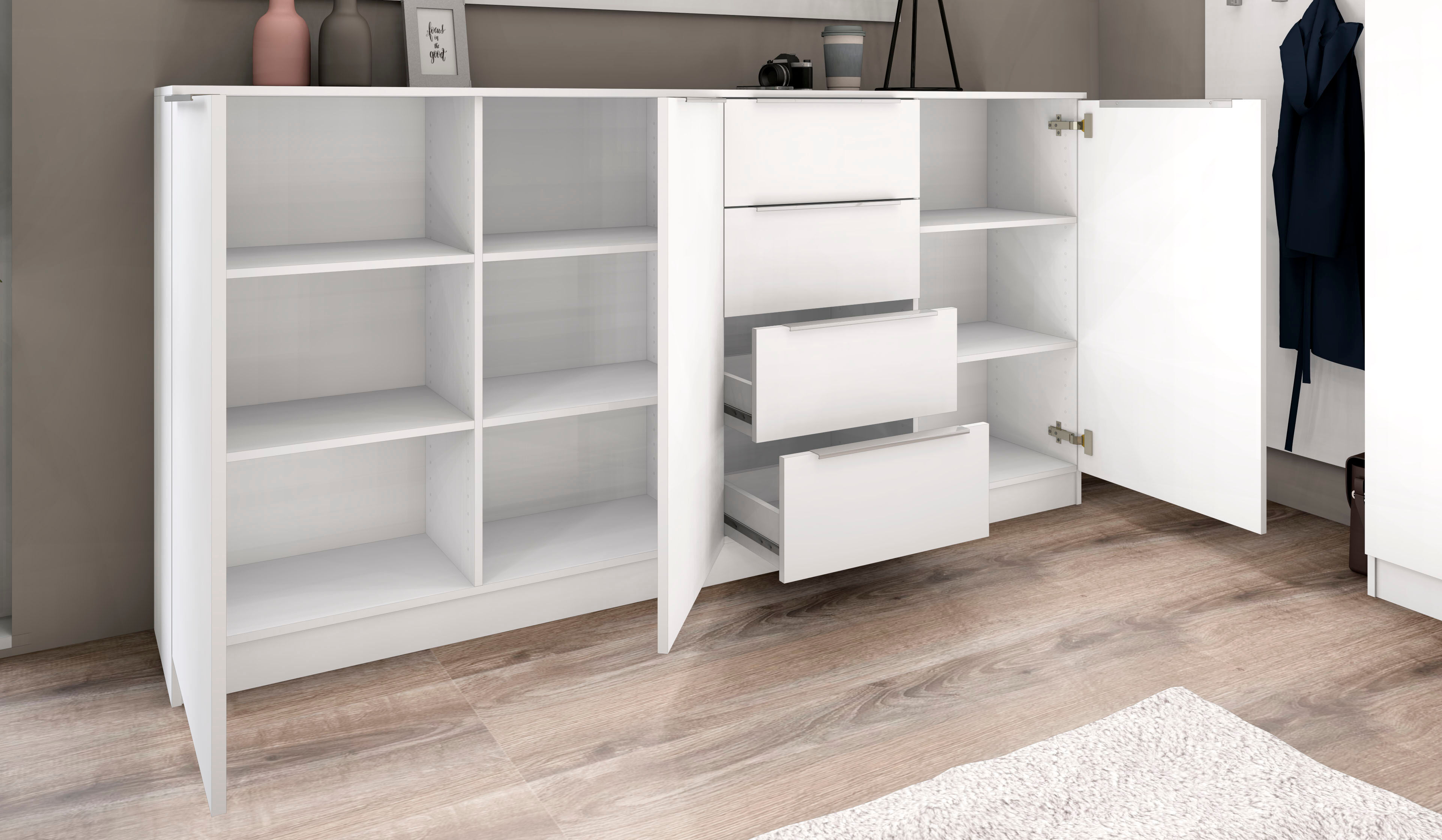 borchardt Möbel "Oliva, Breite 200cm, moderne Kommode mit glänzenden Metallgriffen" viel Stauraum, Türen und Schubladen, Einlegeböden verstellbar weiß, matt B/H/T: 200cm x 99cm x 35cm